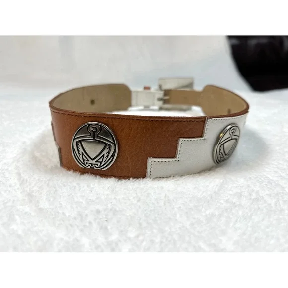 vtg Ginnie Johansen Womens leather belt 24S 50877 aztec metal buckle Thunderbird - Picture 2 of 9